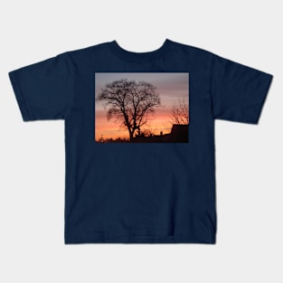 black silhouette winter tree with amazing sunset sky Kids T-Shirt